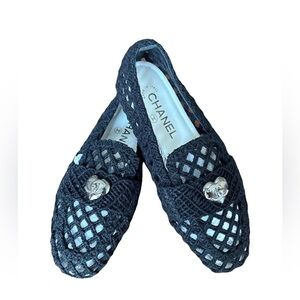 CHANEL Black CROCHET mocassins- 2023 Interlocking CC Logo Espadrilles NEW